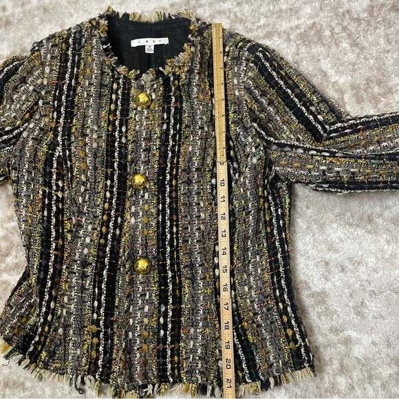 CAbi Paris tweed blouce blazer Boucle Brown Tweed Fringed Gold Buttons Women's - Picture 10 of 12